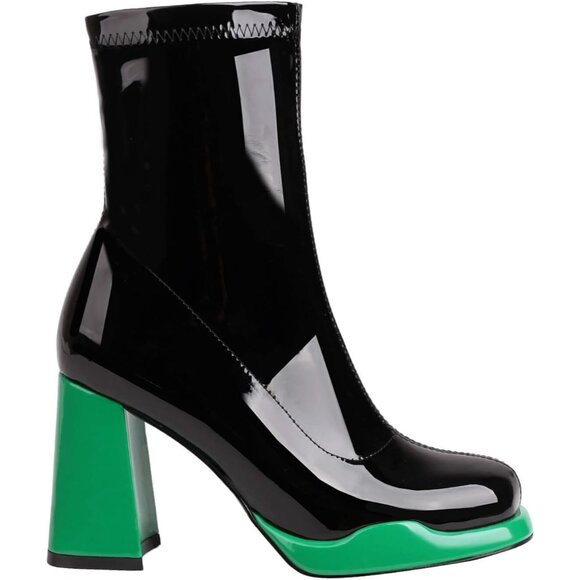 Women's Green Chunky Heel Ankle Boots Square Toe Mid Calf Side Zippers Boots - Picture 6 of 9